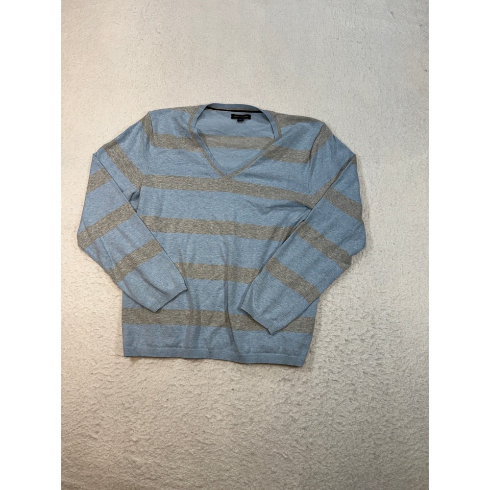 Tommy Hilfiger Mens XL Light Blue Grey Striped V-Neck Long Sleeve Knit Sweater